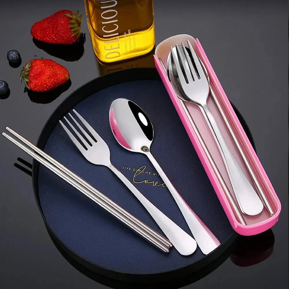 3-Piece Stainless Steel Tableware Set – Fork, Spoon, Chopsticks with Box for Outdoors