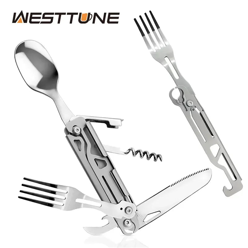 Multi-Function Folding Camping Cutlery Set – Knife, Spoon, Fork, Bottle & Can Opener