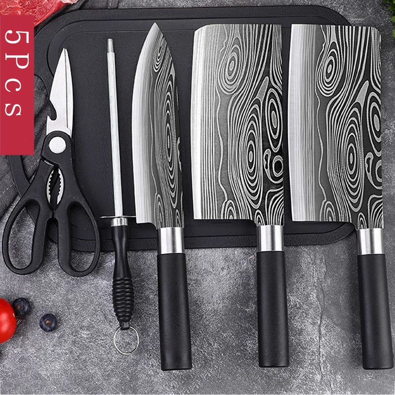 Damascus Pattern Kitchen Knife Set with Scissors & Sharpening Rod