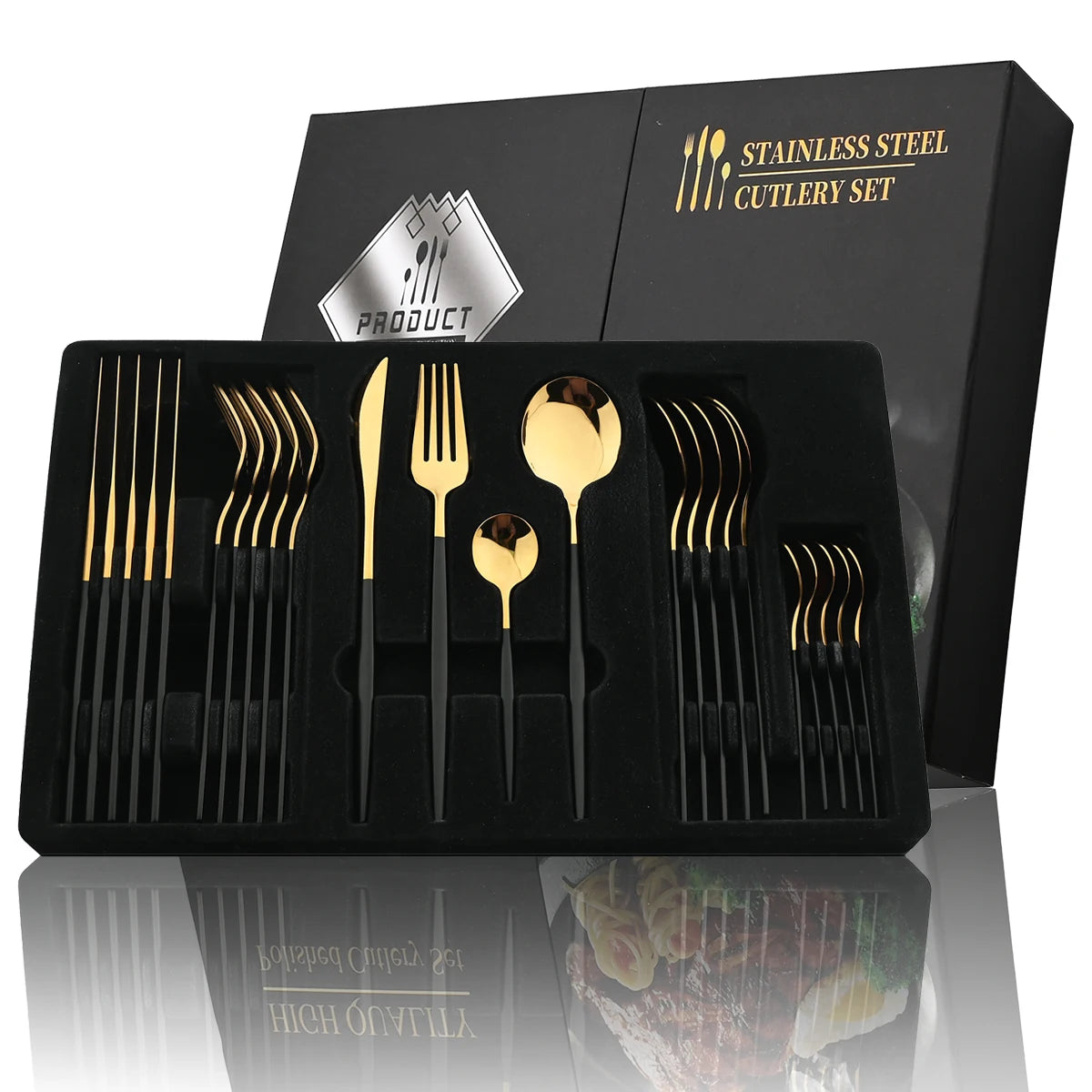 24-Piece Black & Gold Cutlery Set – Stainless Steel Flatware for Dining & Gifts