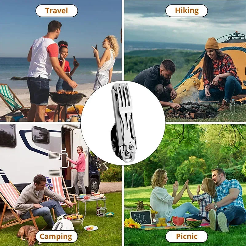 Multi-Function Folding Camping Cutlery Set – Knife, Spoon, Fork, Bottle & Can Opener