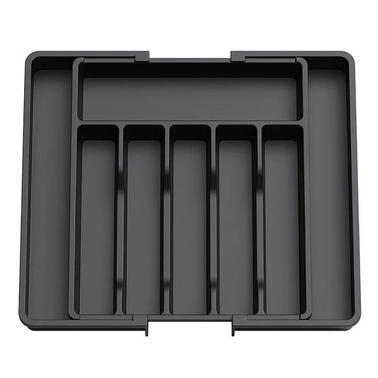 Expandable Black Cutlery Organizer - Adjustable Silverware Tray for Kitchen