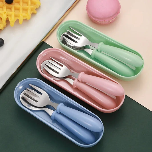 3-Piece Stainless Steel Kids Cutlery Set - Spoon, Fork & Case