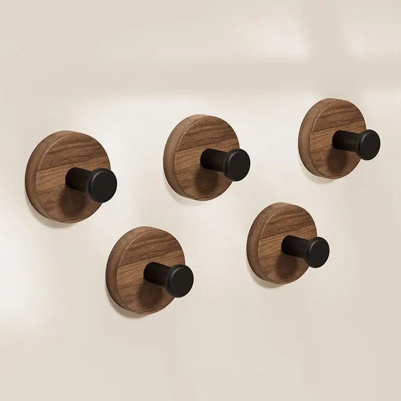 Walnut Wood Self-Adhesive Wall Hooks – Key, Towel, Coat & Storage Hangers (1-4 Pcs)