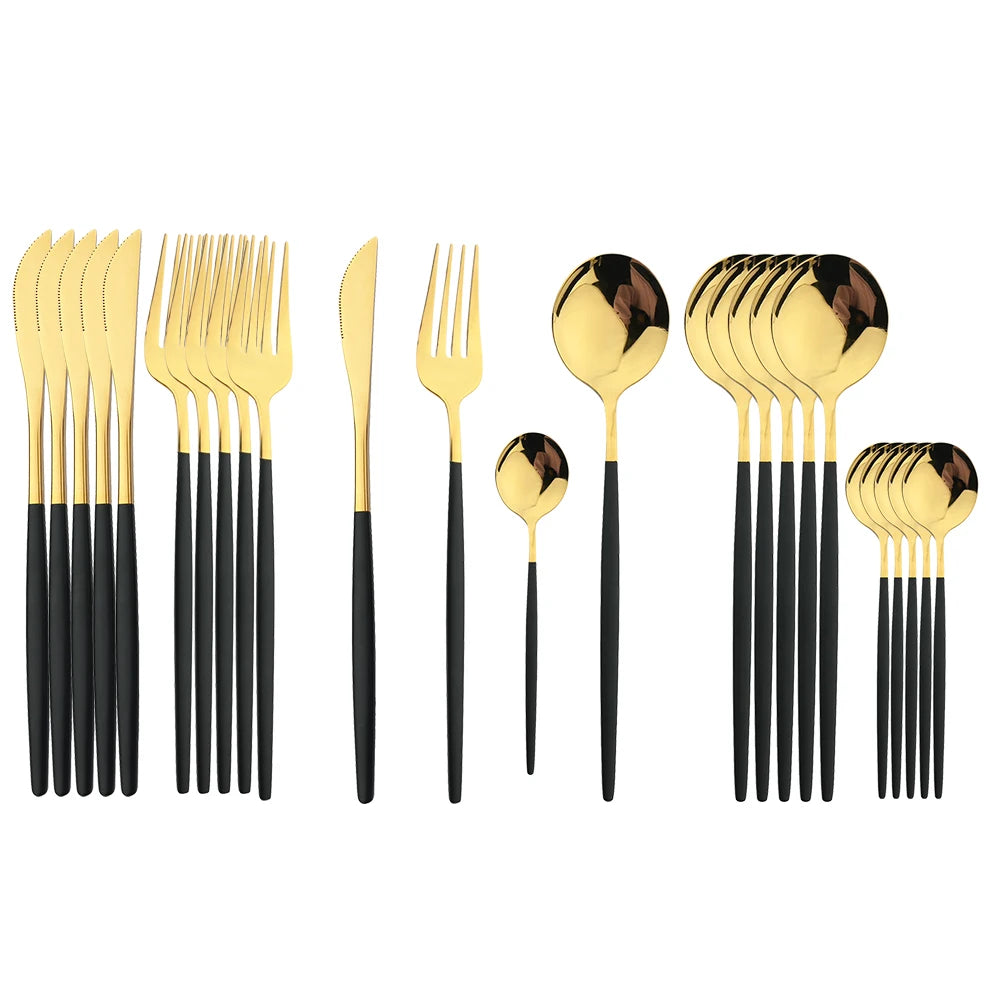 24-Piece Black & Gold Cutlery Set – Stainless Steel Flatware for Dining & Gifts