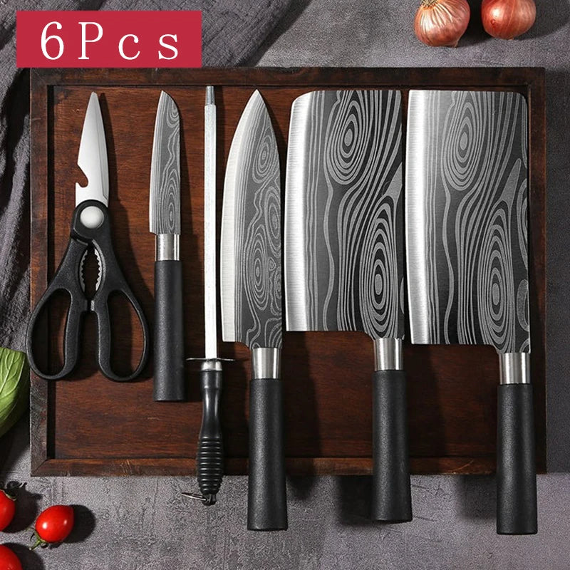 Damascus Pattern Kitchen Knife Set with Scissors & Sharpening Rod