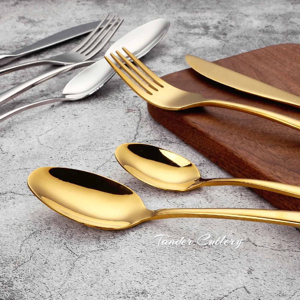 304 Stainless Steel Gold Cutlery Set - 8 to 24 Pcs, Smooth Handle, Mirror Finish