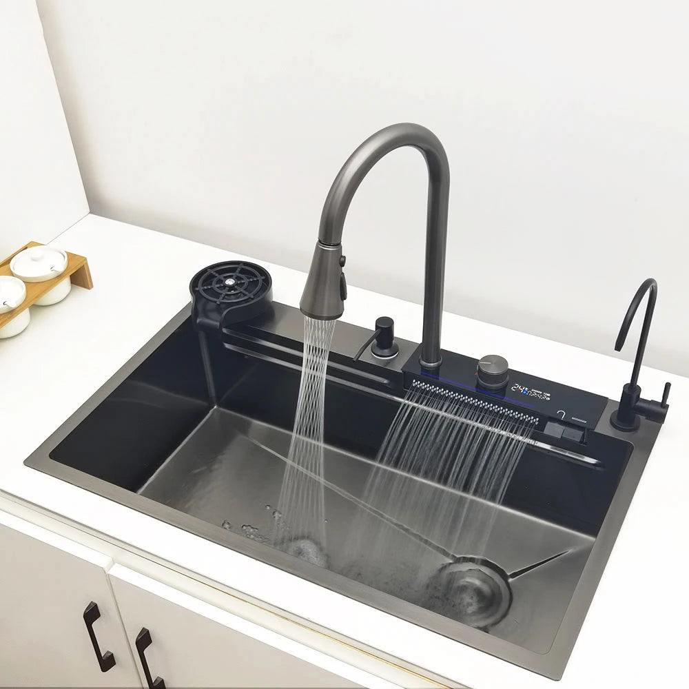 304 Stainless Steel Waterfall Kitchen Sink with LED Faucet