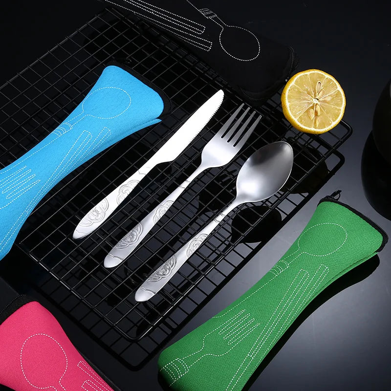 3Pcs Portable Dinnerware Set - Stainless Steel Cutlery with Bag