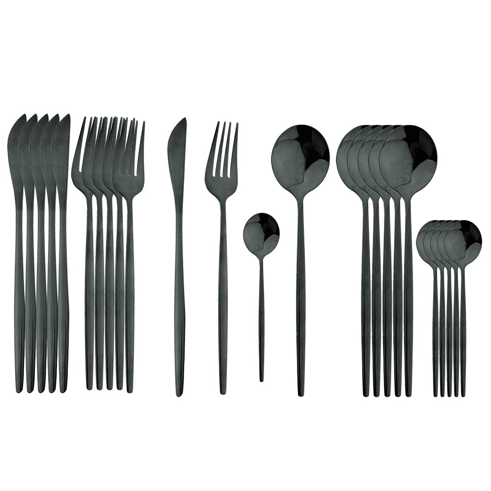 24-Piece Black & Gold Cutlery Set – Stainless Steel Flatware for Dining & Gifts