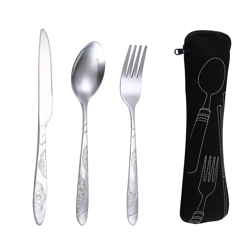 3Pcs Portable Dinnerware Set - Stainless Steel Cutlery with Bag