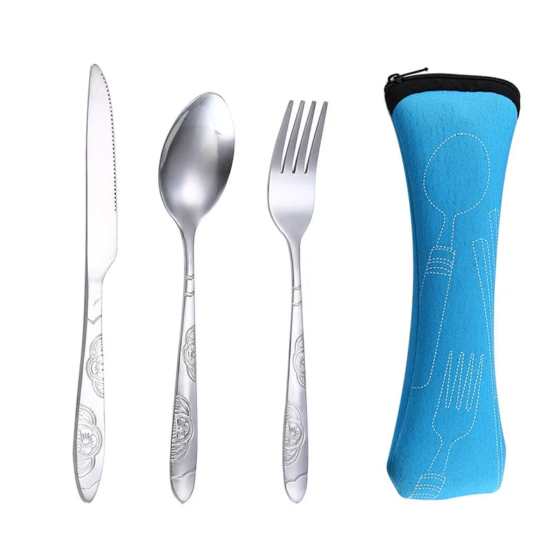 3Pcs Portable Dinnerware Set - Stainless Steel Cutlery with Bag