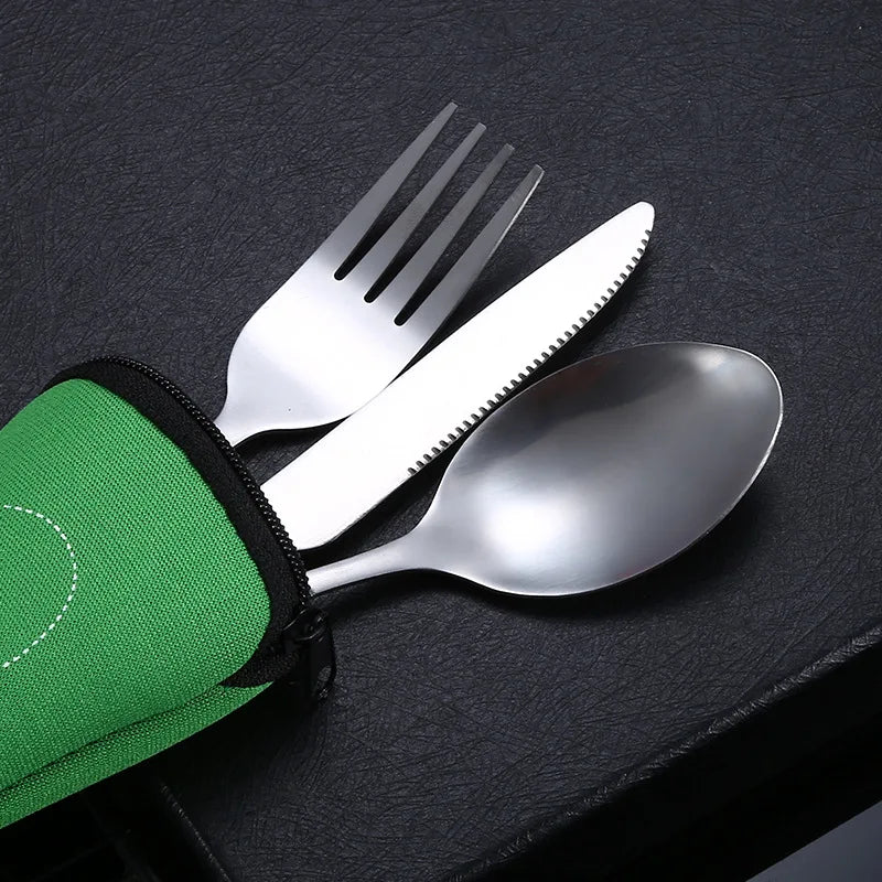 3Pcs Portable Dinnerware Set - Stainless Steel Cutlery with Bag