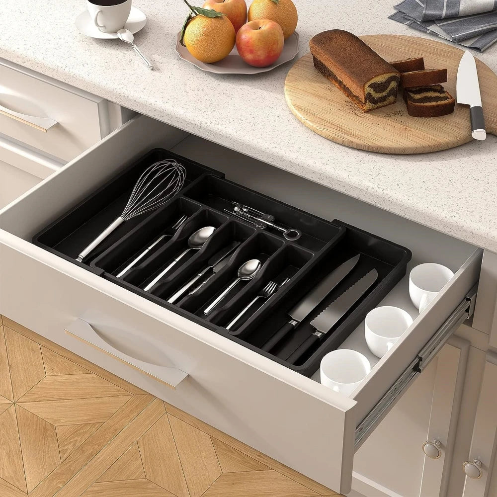 Expandable Black Cutlery Organizer - Adjustable Silverware Tray for Kitchen