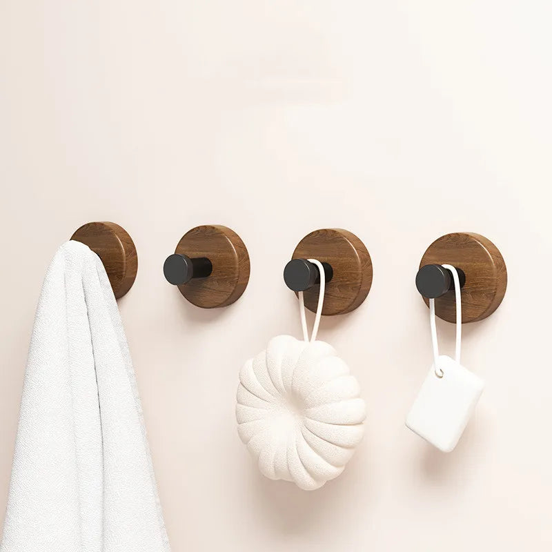 Walnut Wood Self-Adhesive Wall Hooks – Key, Towel, Coat & Storage Hangers (1-4 Pcs)