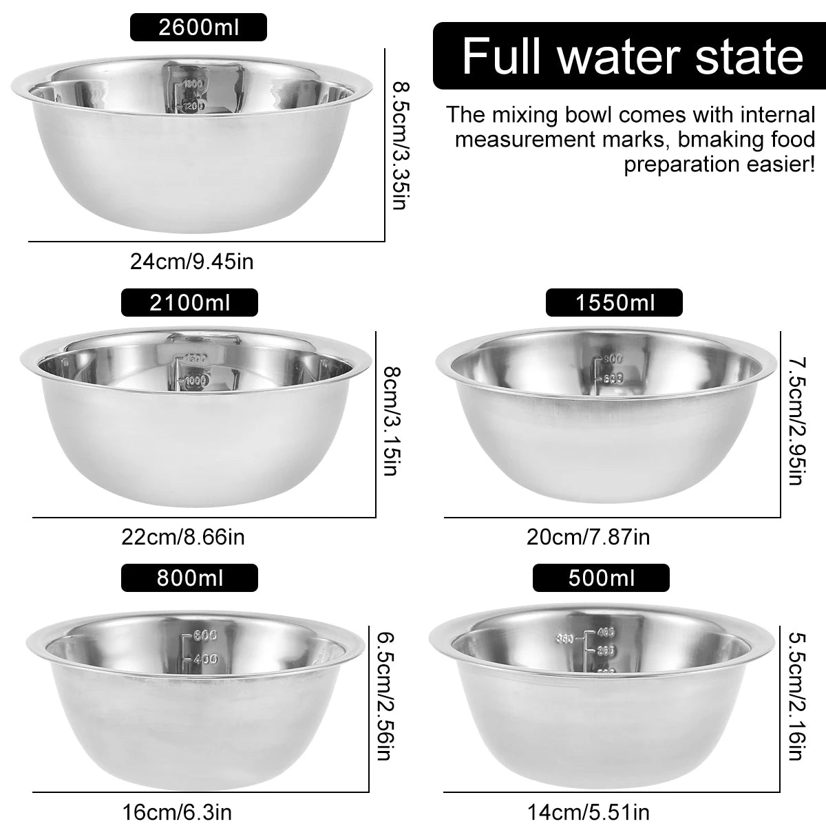 5-Piece Stainless Steel Salad Bowl Set – Multipurpose Nesting Bowls for Cooking, Baking, & Food Storage