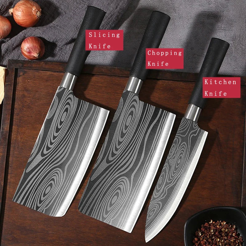 Damascus Pattern Kitchen Knife Set with Scissors & Sharpening Rod