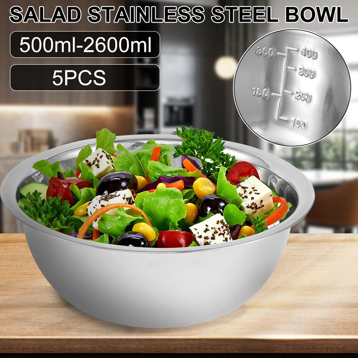 5-Piece Stainless Steel Salad Bowl Set – Multipurpose Nesting Bowls for Cooking, Baking, & Food Storage