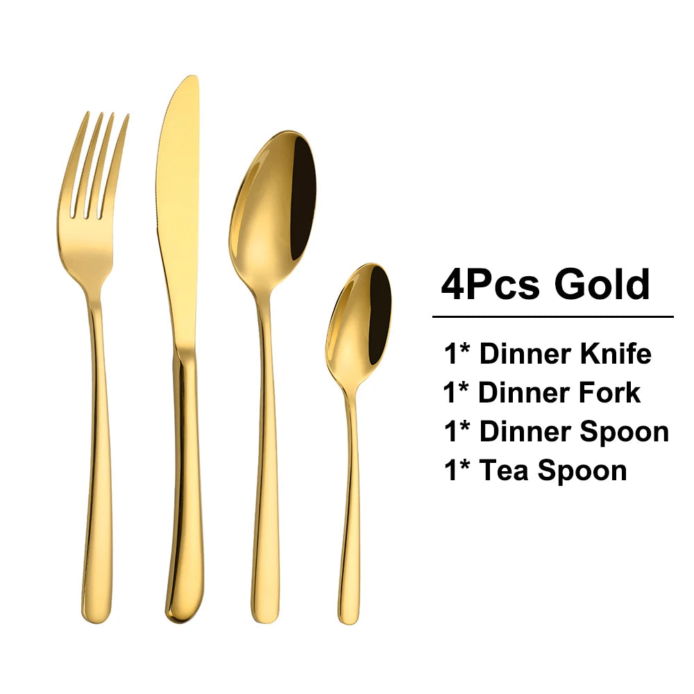 304 Stainless Steel Gold Cutlery Set - 8 to 24 Pcs, Smooth Handle, Mirror Finish