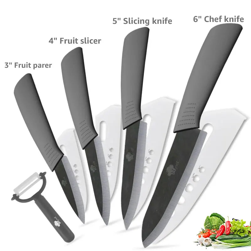 Ceramic Kitchen Knife Set (3-6 Inch) – Chef, Utility, Slicer & Peeler, White Zirconia Blades