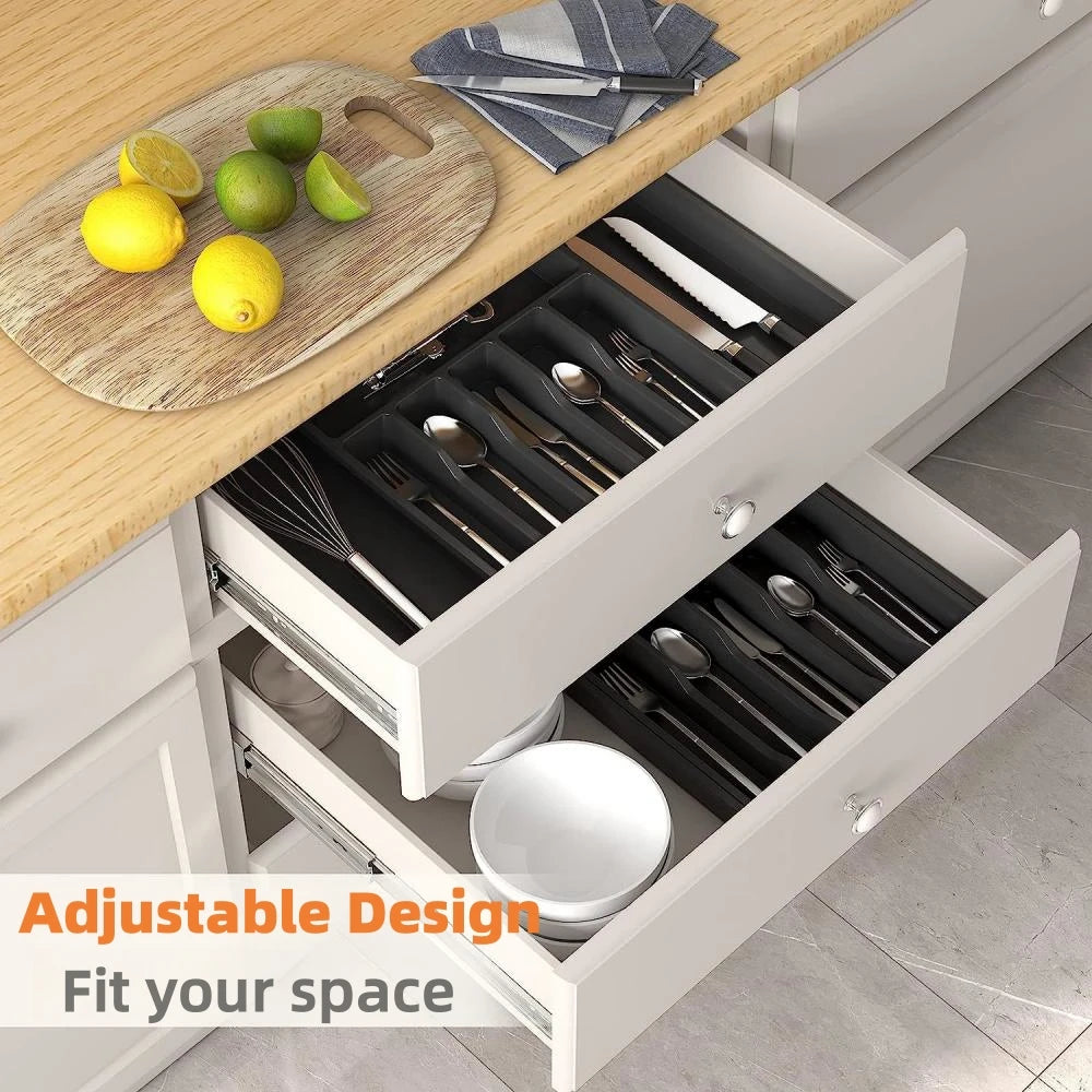 Expandable Black Cutlery Organizer - Adjustable Silverware Tray for Kitchen