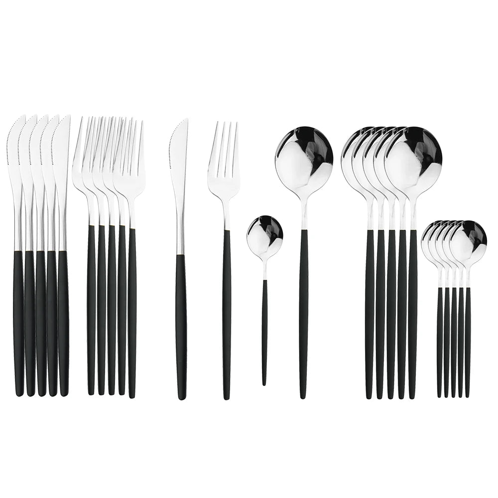 24-Piece Black & Gold Cutlery Set – Stainless Steel Flatware for Dining & Gifts