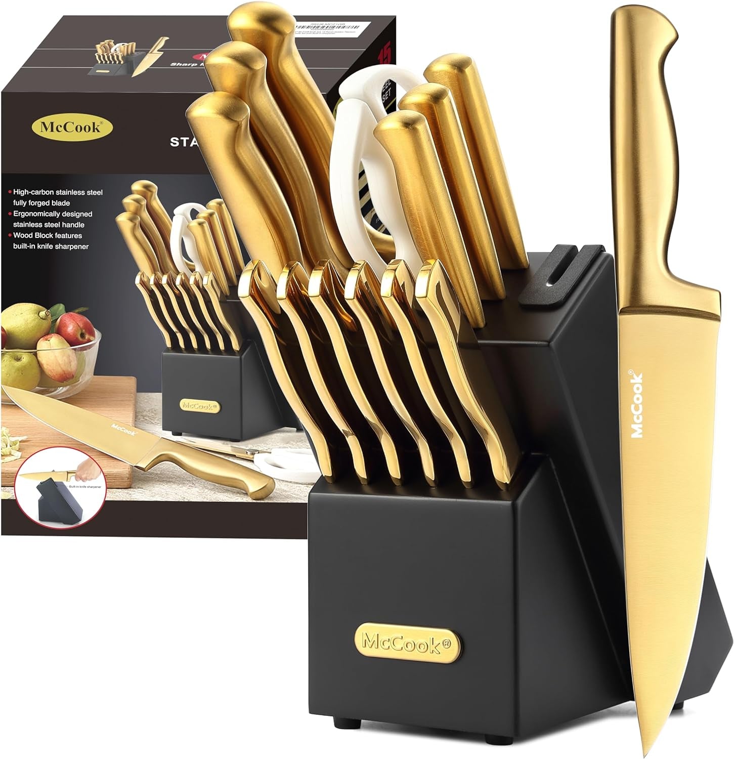 Mccook® Knife Sets, German Stainless Steel Kitchen Knife Block Sets with Built-In Sharpener