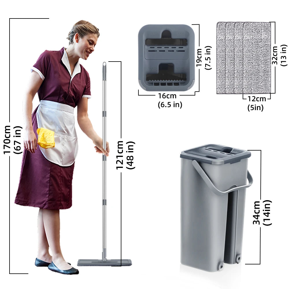 Hands-Free Flat Floor Mop & Bucket Set with Washable Microfiber Pads for Hardwood