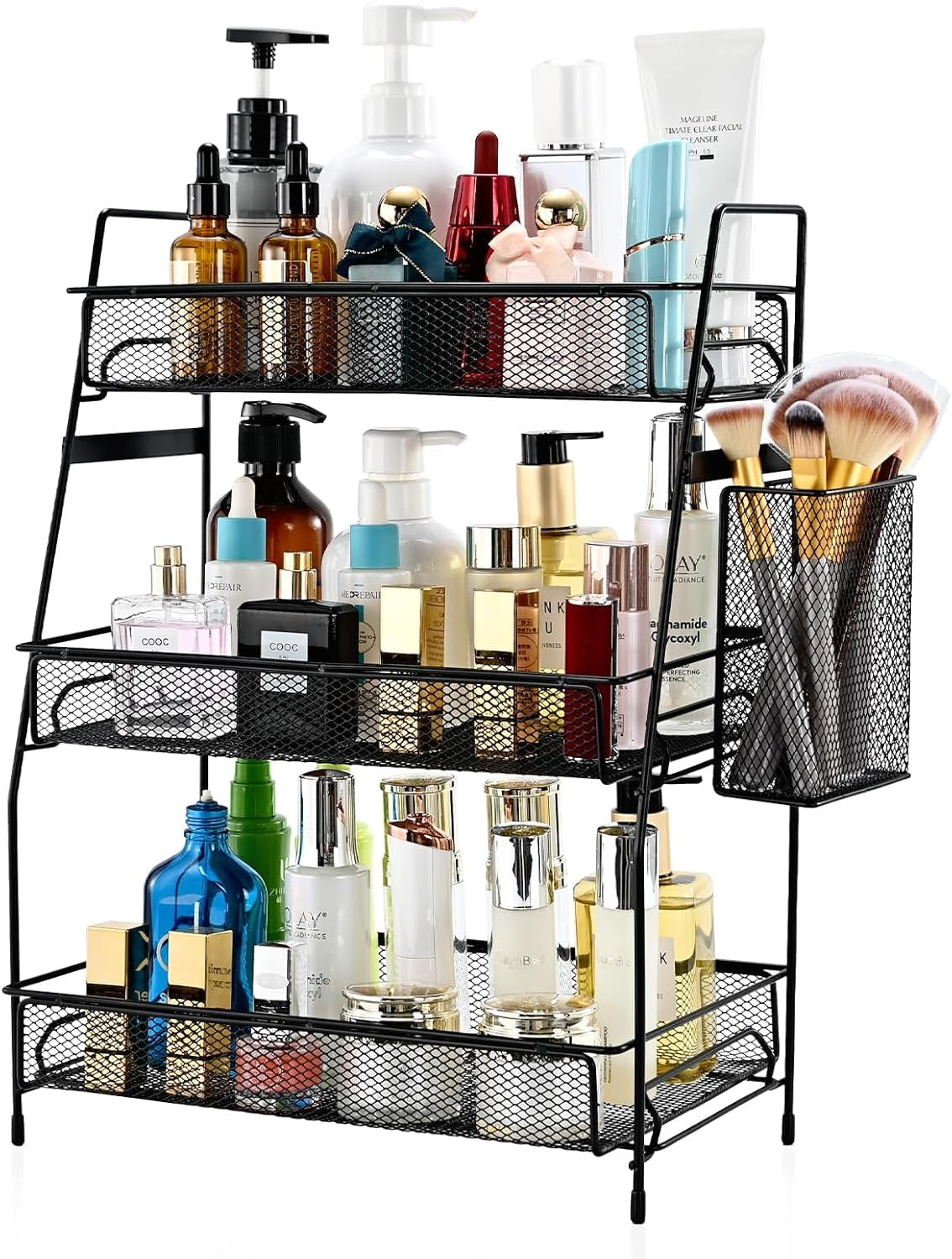 LEMIKKLE Black Countertop Organizer with Basket – Versatile for Bathroom, Kitchen, and Bedroom