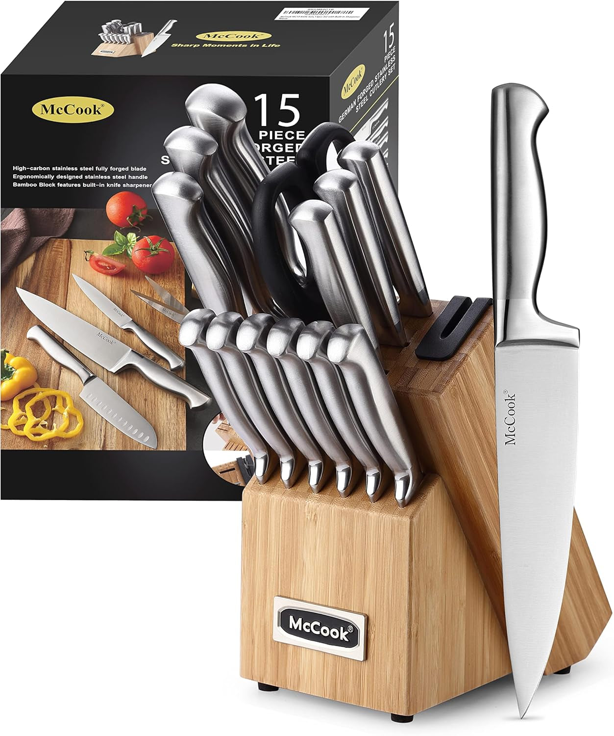 Mccook® Knife Sets, German Stainless Steel Kitchen Knife Block Sets with Built-In Sharpener