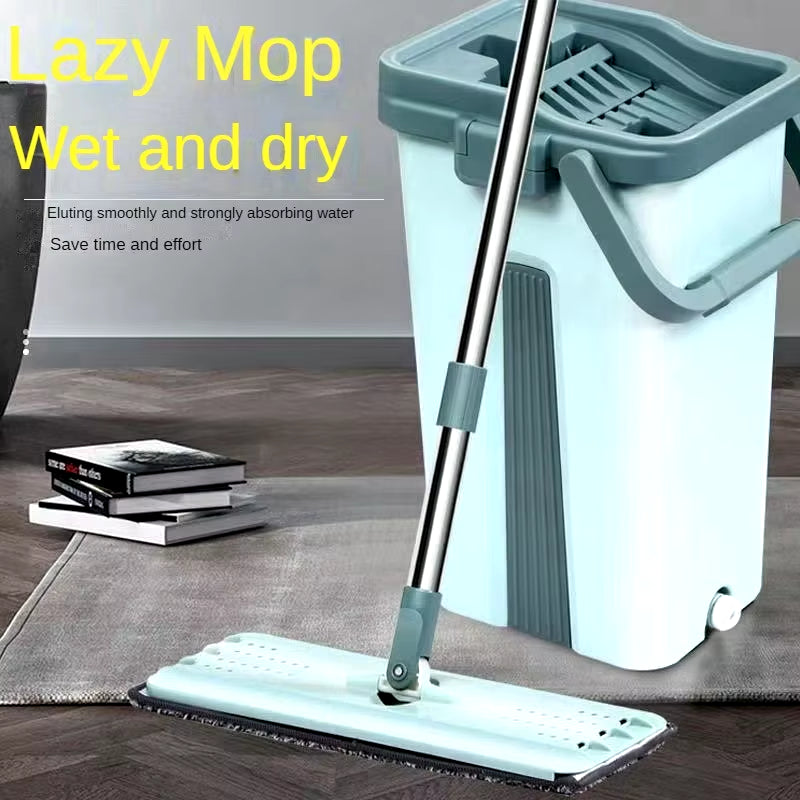 Flat Squeeze Mop Com Balde, Wringing Floor Cleaning, Microfiber Pads, Uso Molhado Ou Seco Em Madeira Laminado, Mão Livre