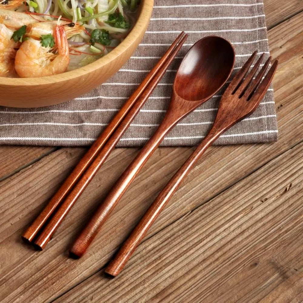 Eco-Friendly Wooden Travel Cutlery Set – Spoon, Fork, Chopsticks