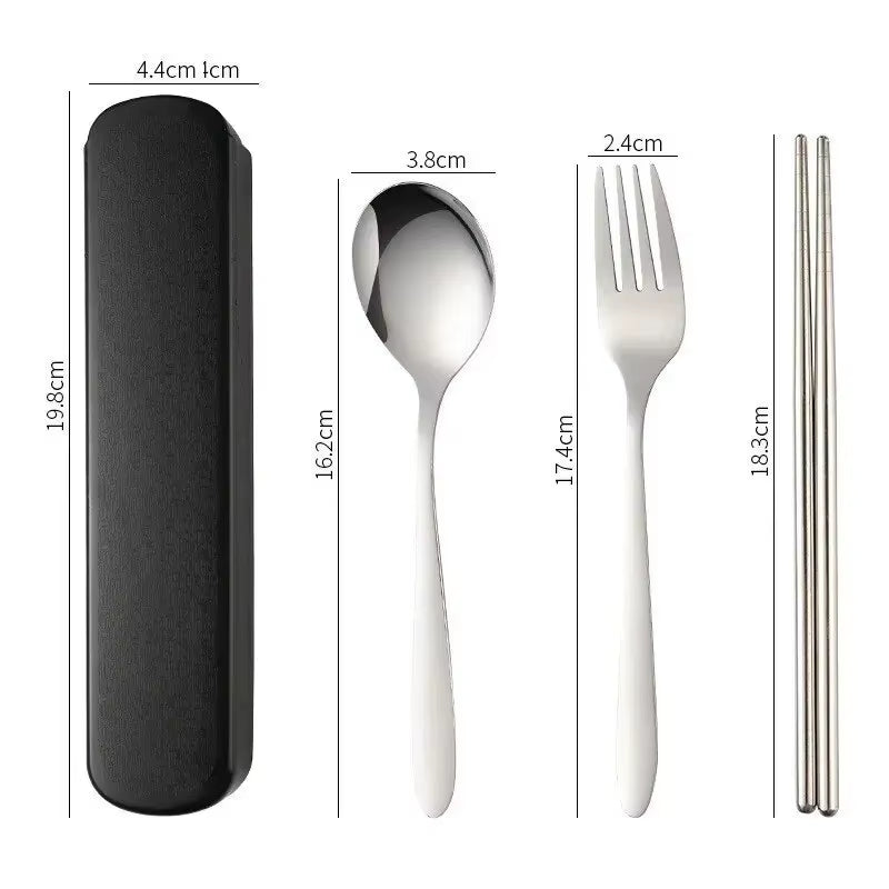 3-Piece Stainless Steel Tableware Set – Fork, Spoon, Chopsticks with Box for Outdoors