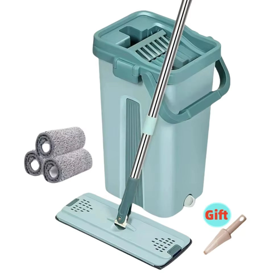 Flat Squeeze Mop Com Balde, Wringing Floor Cleaning, Microfiber Pads, Uso Molhado Ou Seco Em Madeira Laminado, Mão Livre