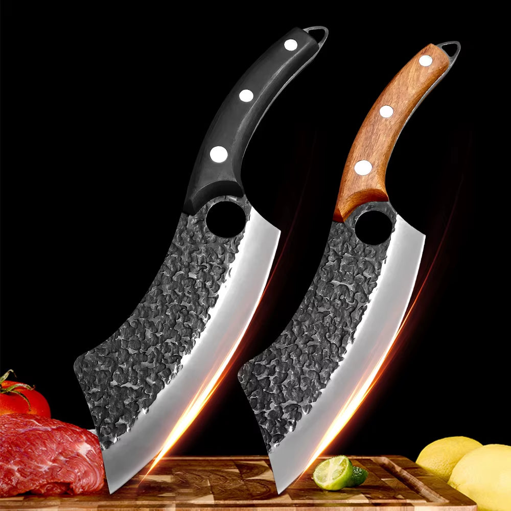 Hand-Forged Chef Cleaver Knife – Wood Handle, Versatile for Meat, Veggies & Boning