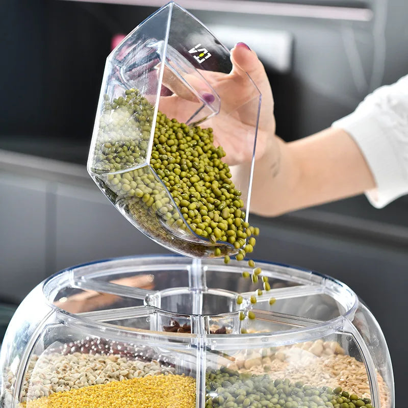 360 Degree Rotating Rice Dispenser Sealed Dry Cereal Grain Bucket Dispenser Moisture-Proof Kitchen Food Container Storage Box