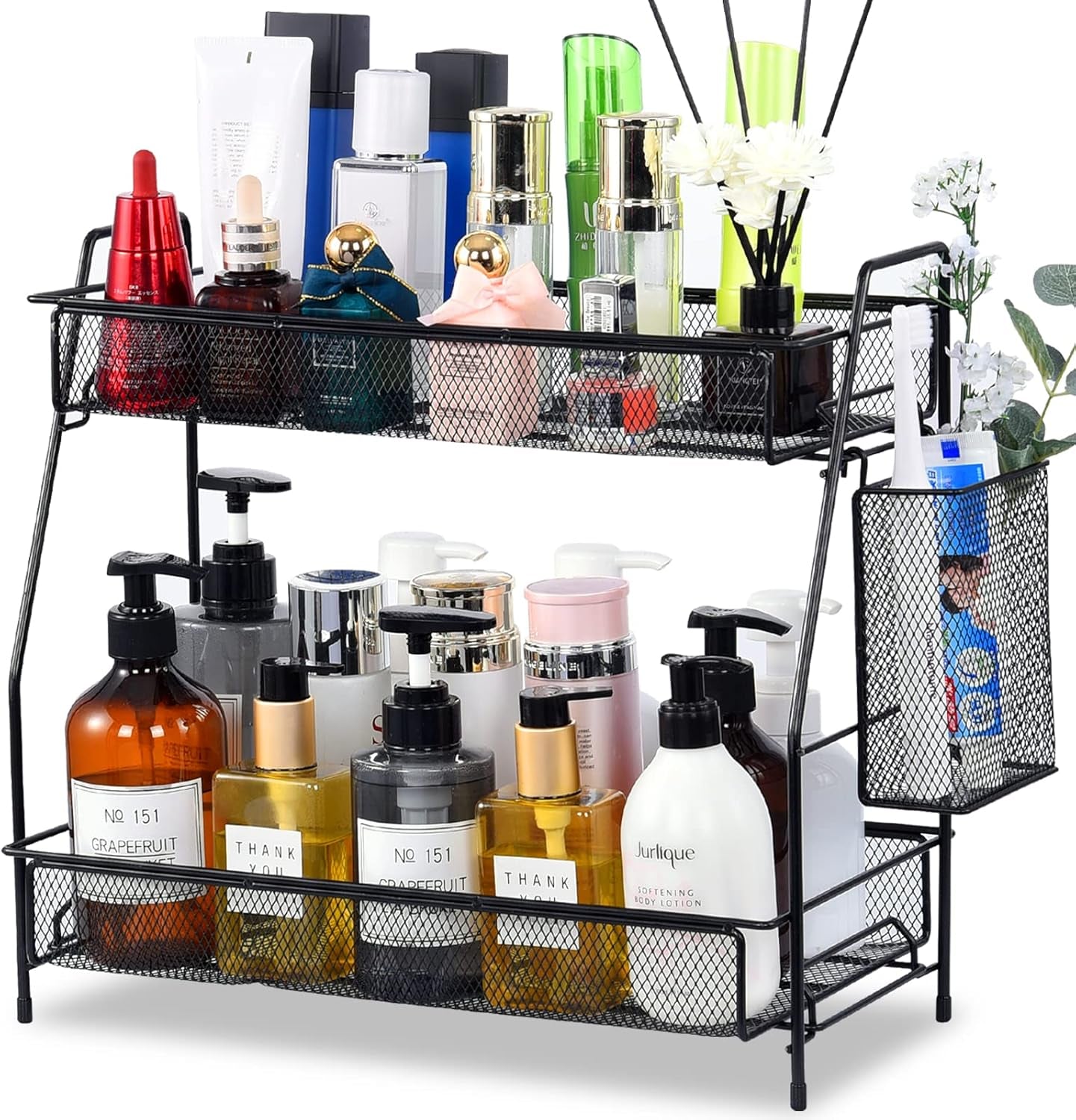 LEMIKKLE Black Countertop Organizer with Basket – Versatile for Bathroom, Kitchen, and Bedroom