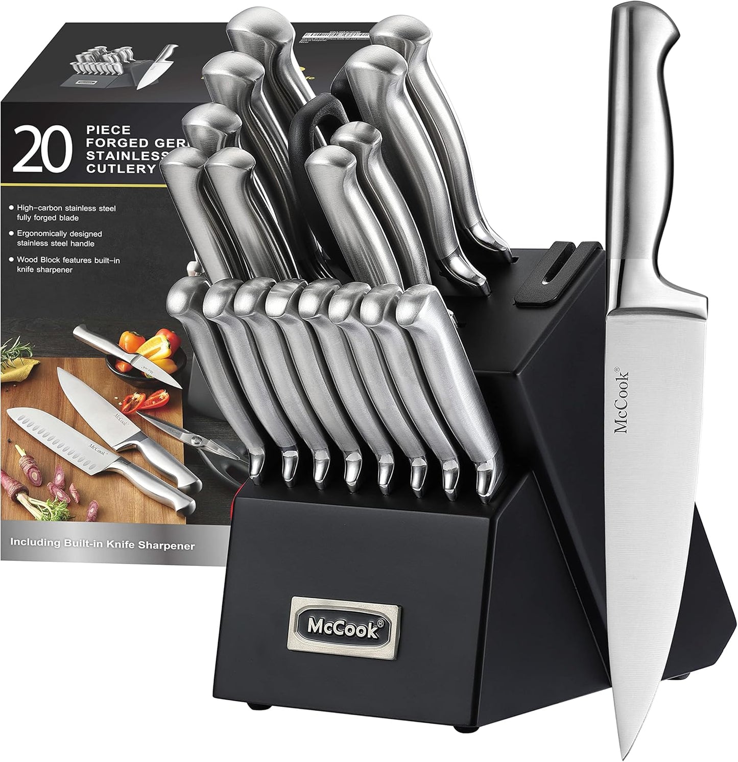 Mccook® Knife Sets, German Stainless Steel Kitchen Knife Block Sets with Built-In Sharpener