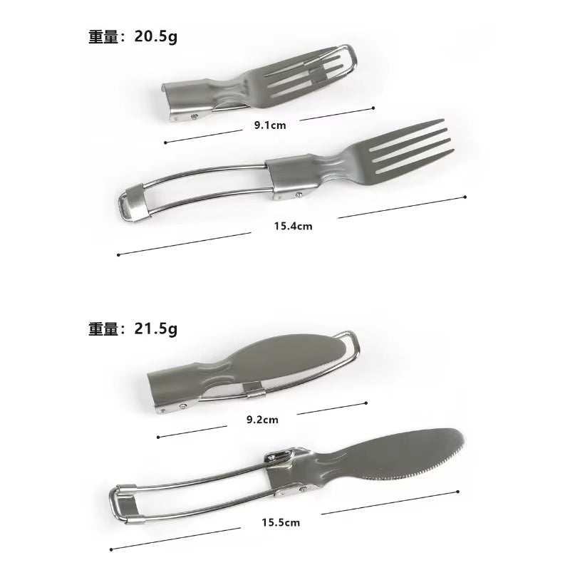 Outdoor Travel Stainless Steel Folding Tableware 3-Piece Camping Portable Folding Knife, Fork and Spoon Cloth Bag