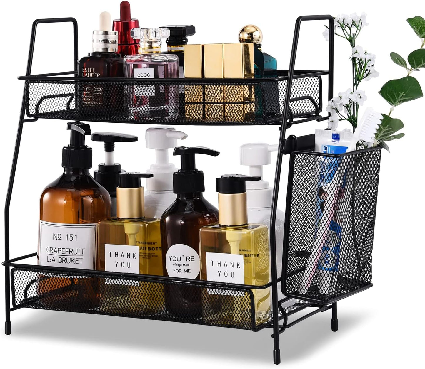 LEMIKKLE Black Countertop Organizer with Basket – Versatile for Bathroom, Kitchen, and Bedroom