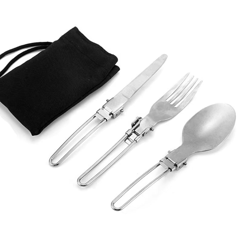 Outdoor Travel Stainless Steel Folding Tableware 3-Piece Camping Portable Folding Knife, Fork and Spoon Cloth Bag