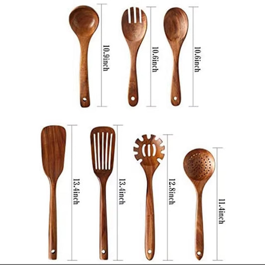 1-10 PC Smooth Teak Wooden Cooking Spoon Set - Non-Stick Utensils